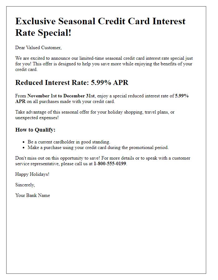 Letter template of seasonal credit card interest rate special