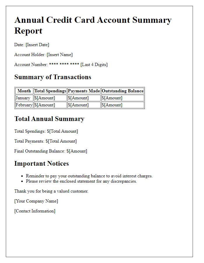 Letter template of annual credit card account summary report