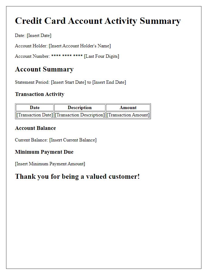 Letter template of credit card account activity summary