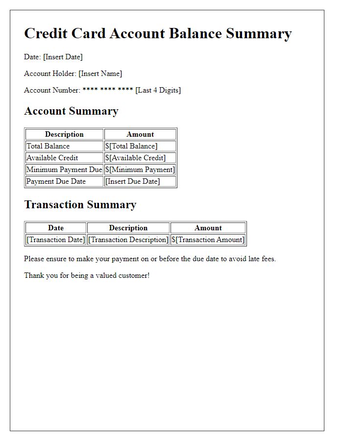 Letter template of credit card account balance summary