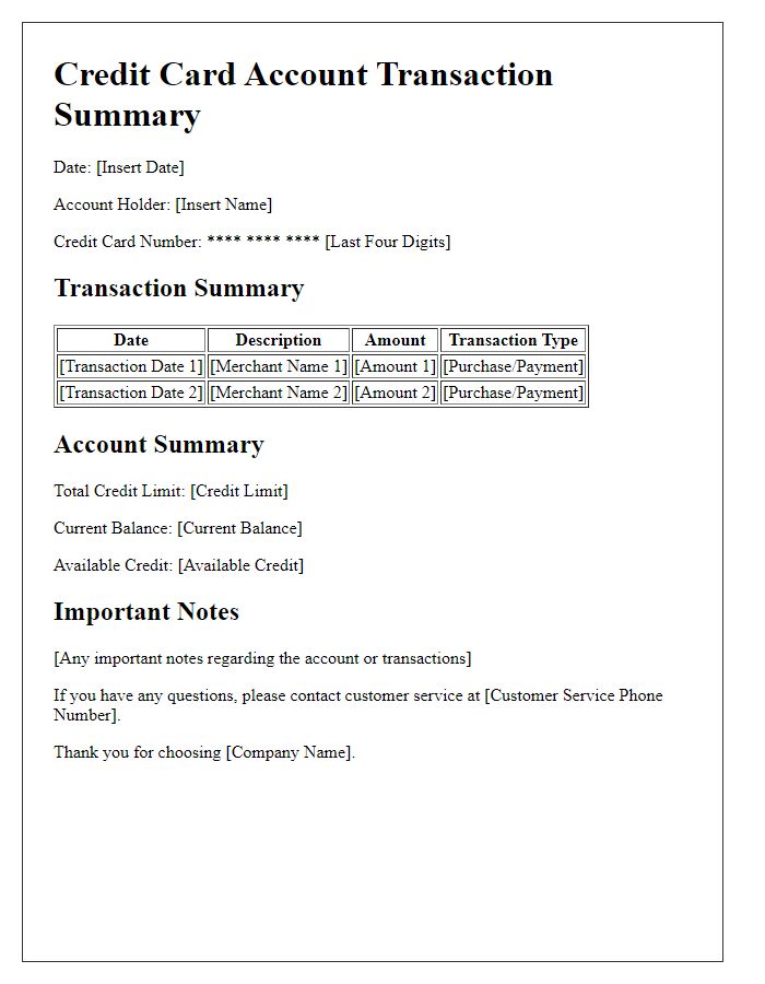 Letter template of detailed credit card account transaction summary