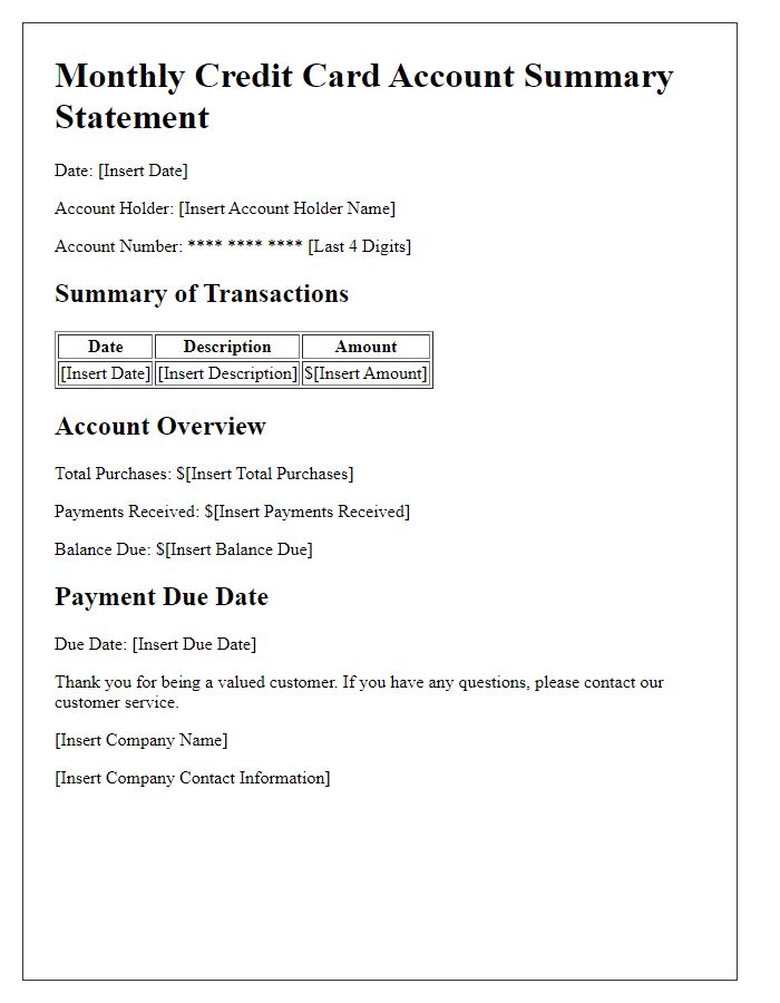 Letter template of monthly credit card account summary statement