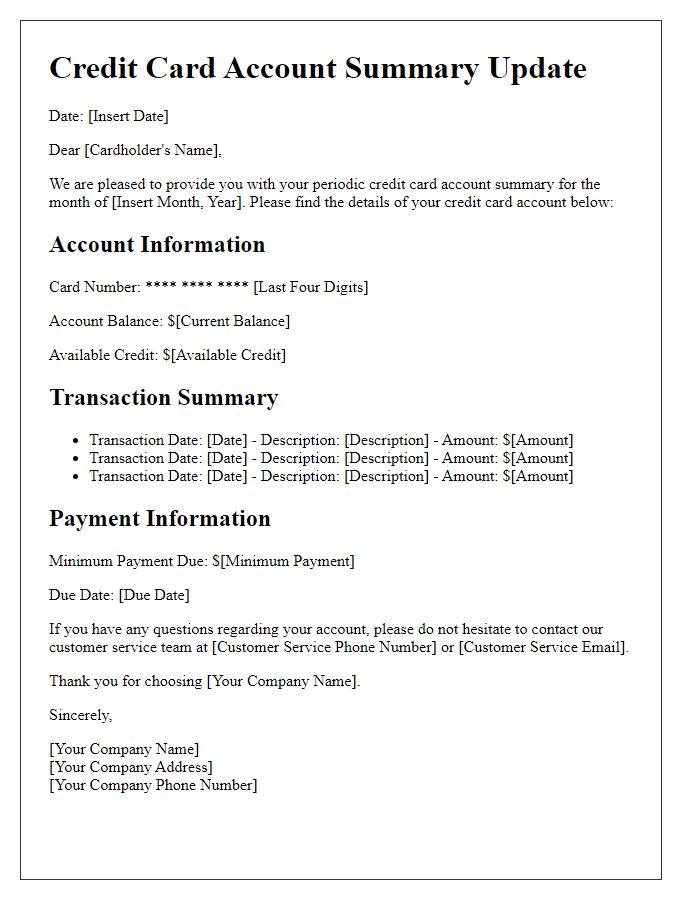 Letter template of periodic credit card account summary update