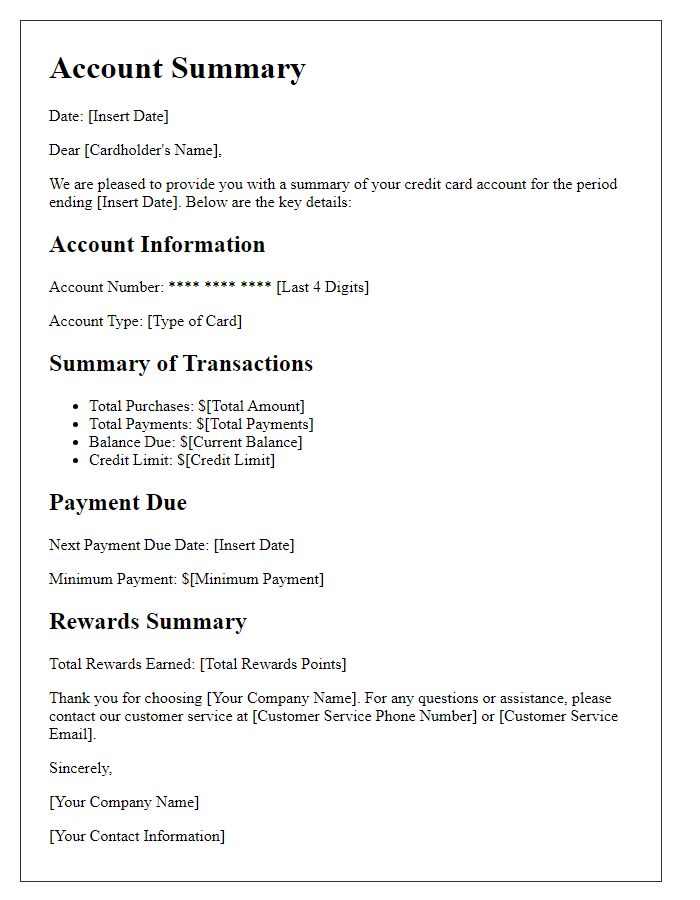 Letter template of personalized credit card account summary overview