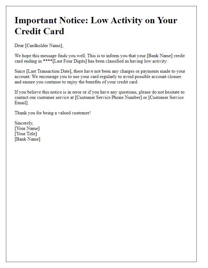 Letter template of low activity credit card notice