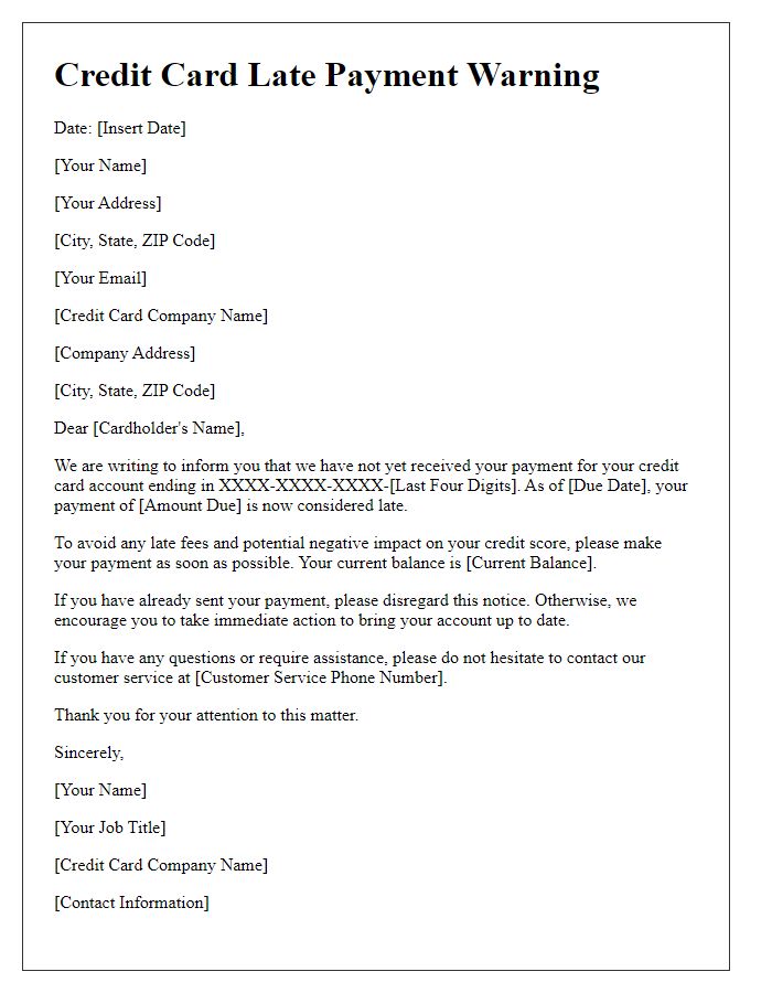 Letter template of credit card late payment warning