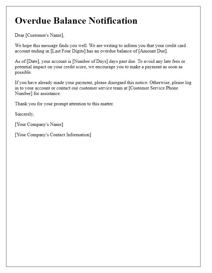 Letter template of overdue balance notification for credit card