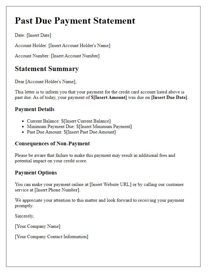 Letter template of past due credit card payment statement