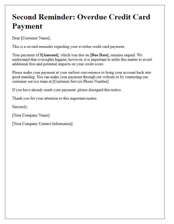 Letter template of second reminder for credit card overdue payment