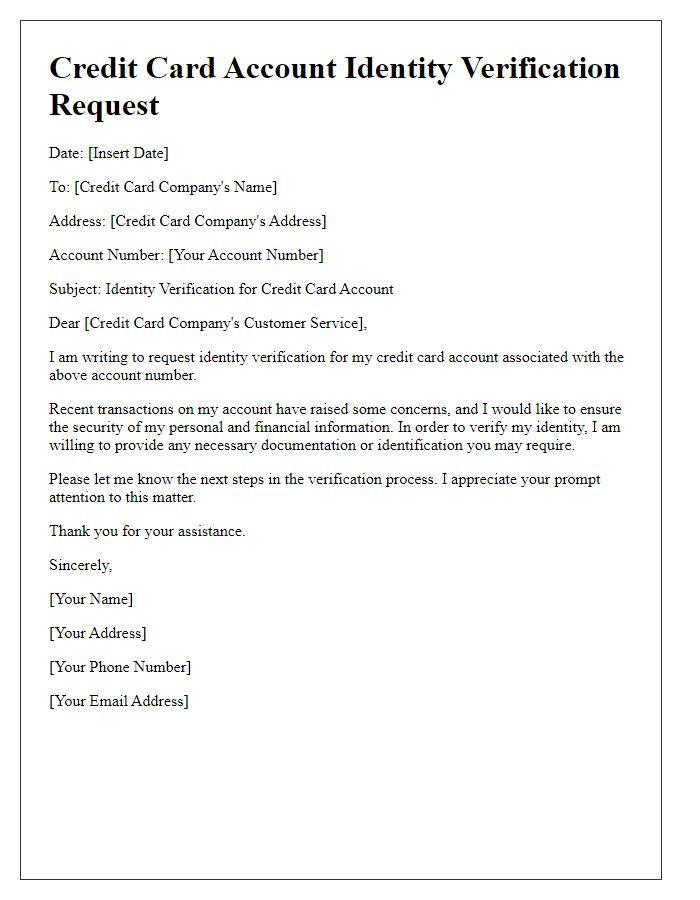 Letter template of credit card account identity verification request