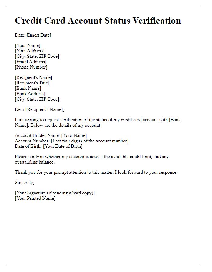 Letter template of credit card account status verification