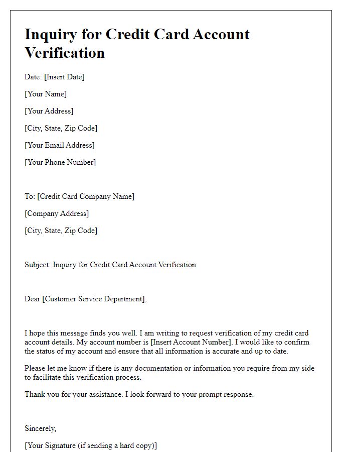 Letter template of inquiry for credit card account verification