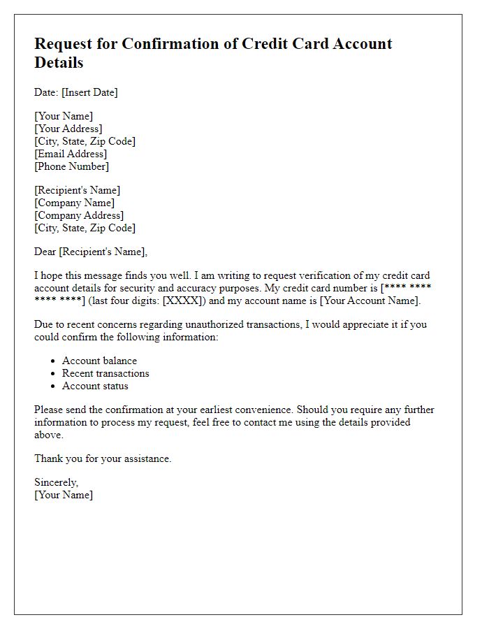 Letter template of request to confirm credit card account details