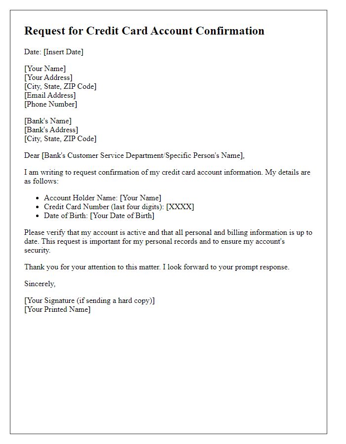 Letter template of request for credit card account confirmation