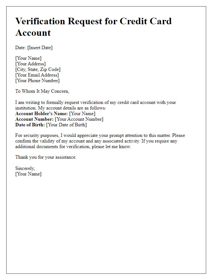 Letter template of verification request for credit card account