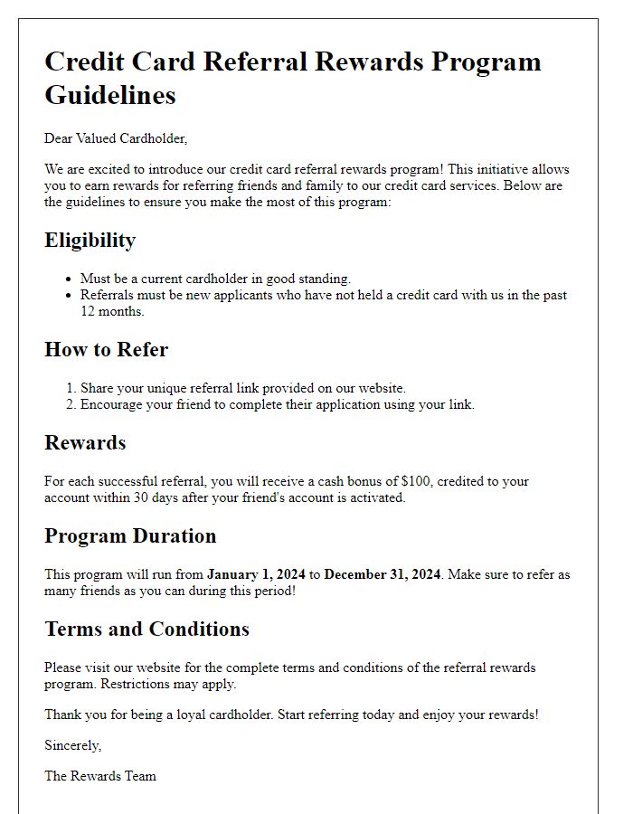 Letter template of guidelines for credit card referral rewards program