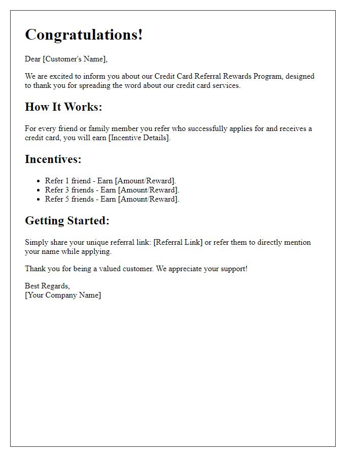 Letter template of incentives for credit card referral rewards program