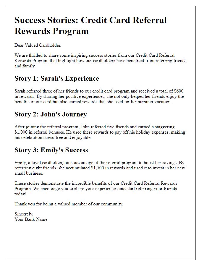 Letter template of success stories in credit card referral rewards program