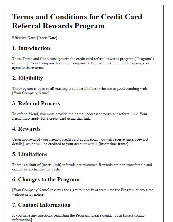 Letter template of terms and conditions for credit card referral rewards program