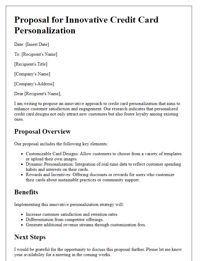 Letter template of proposal for innovative credit card personalization.