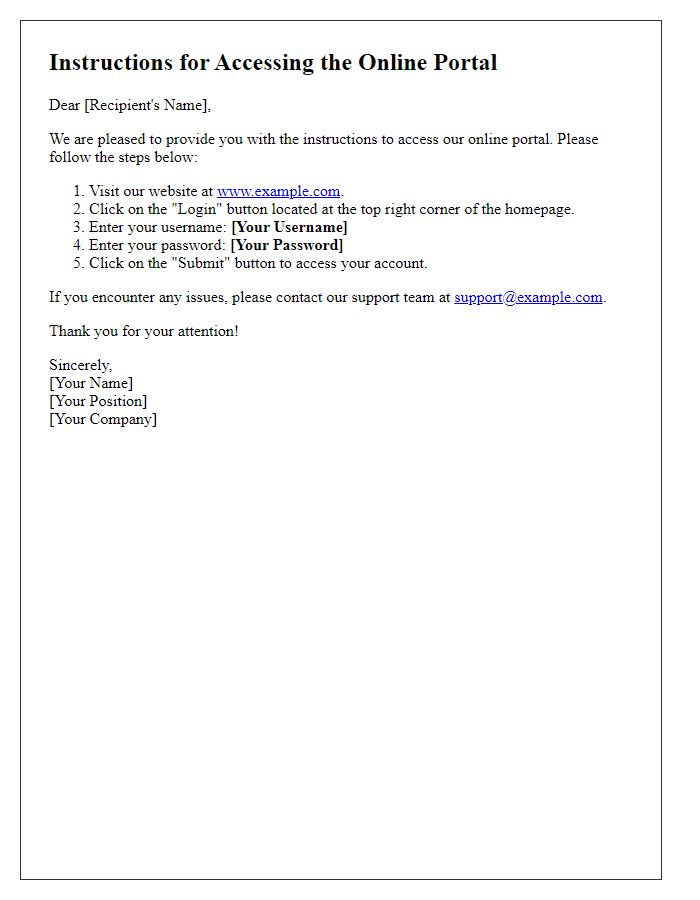 Letter template of Instructions for Accessing the Online Portal