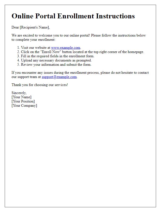 Letter template of Online Portal Enrollment Instructions