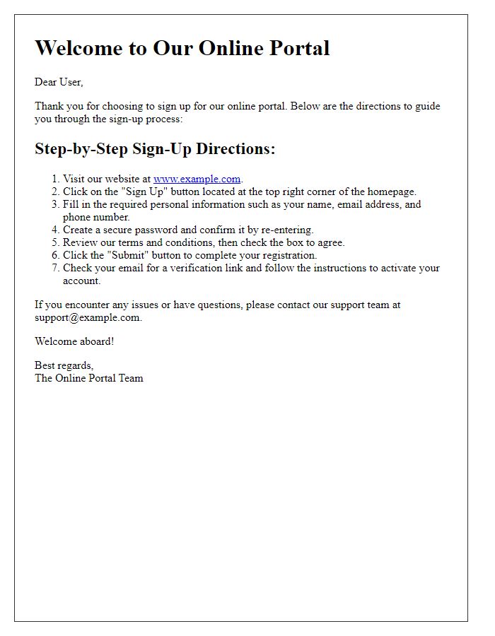 Letter template of Online Portal Sign-Up Directions