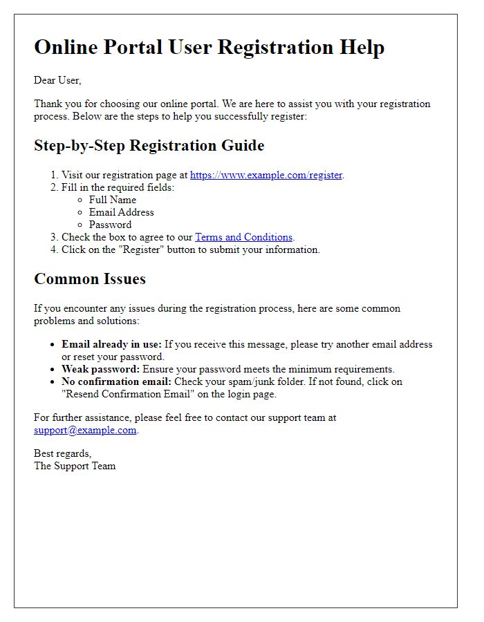 Letter template of Online Portal User Registration Help