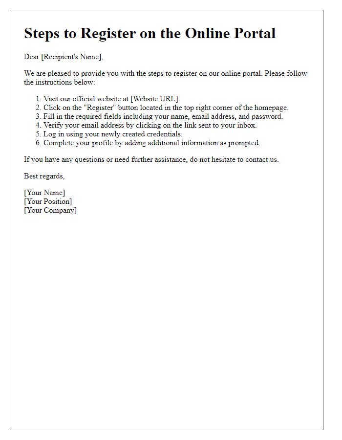 Letter template of Steps to Register on the Online Portal
