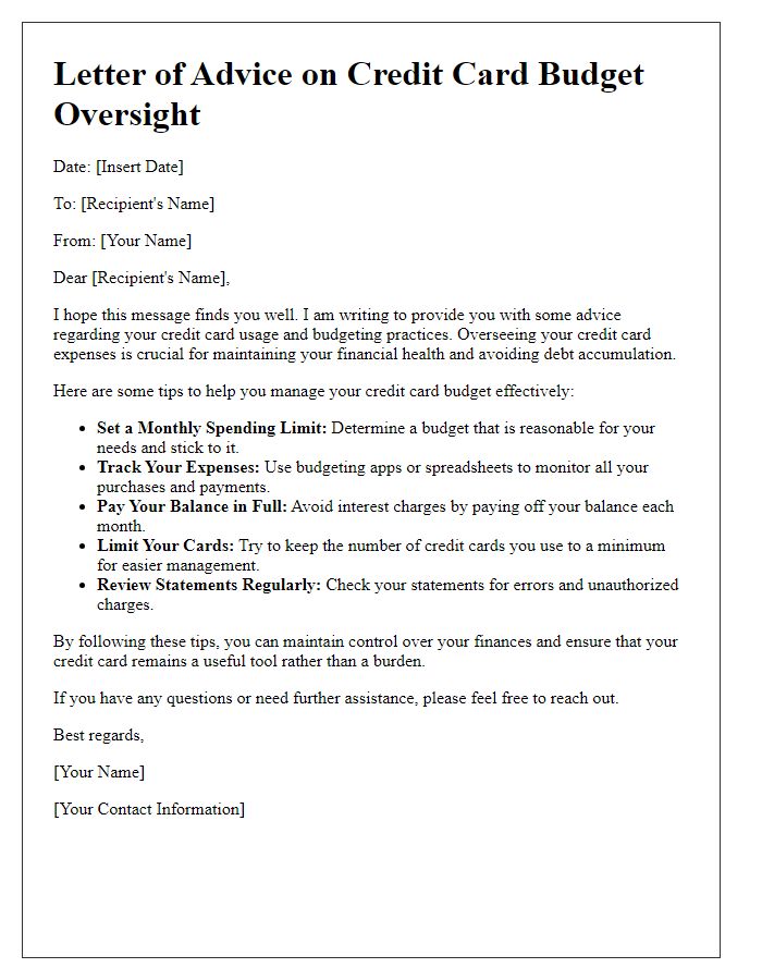 Letter template of advice on credit card budget oversight