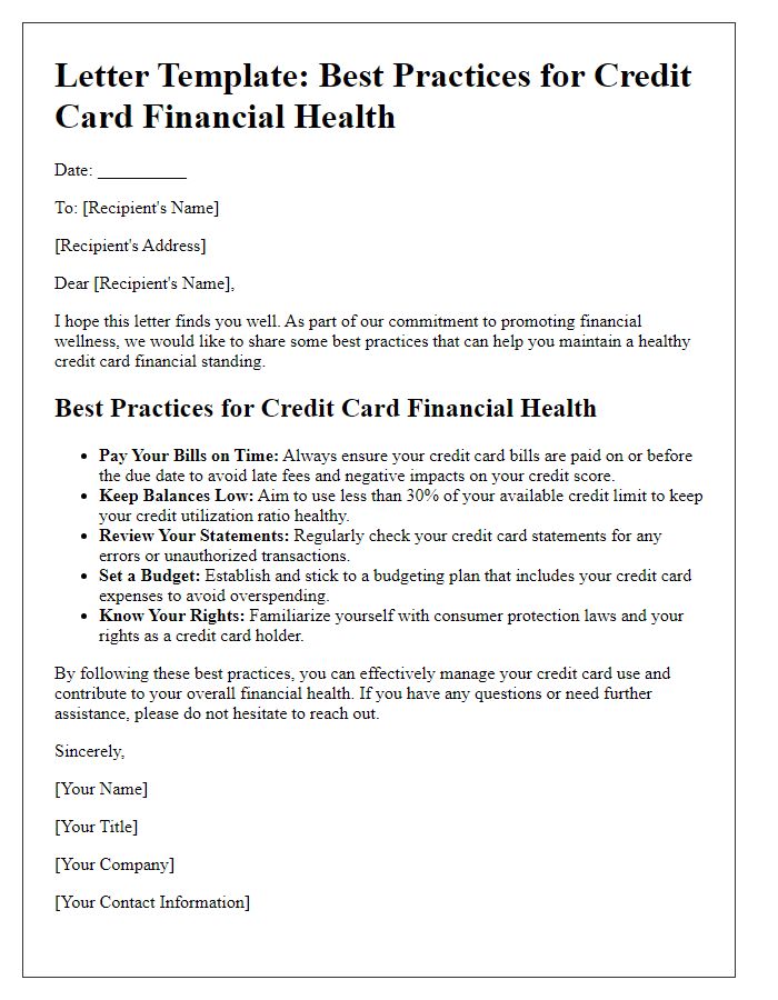 Letter template of best practices for credit card financial health