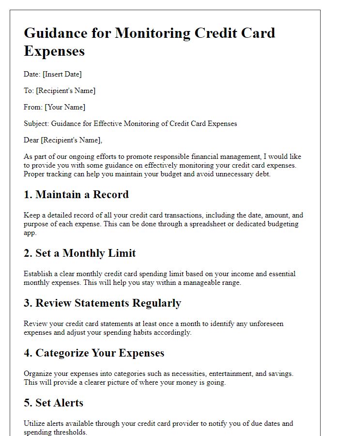 Letter template of guidance for monitoring credit card expenses