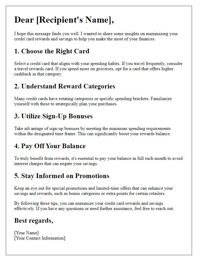 Letter template of insights for maximizing credit card rewards and savings