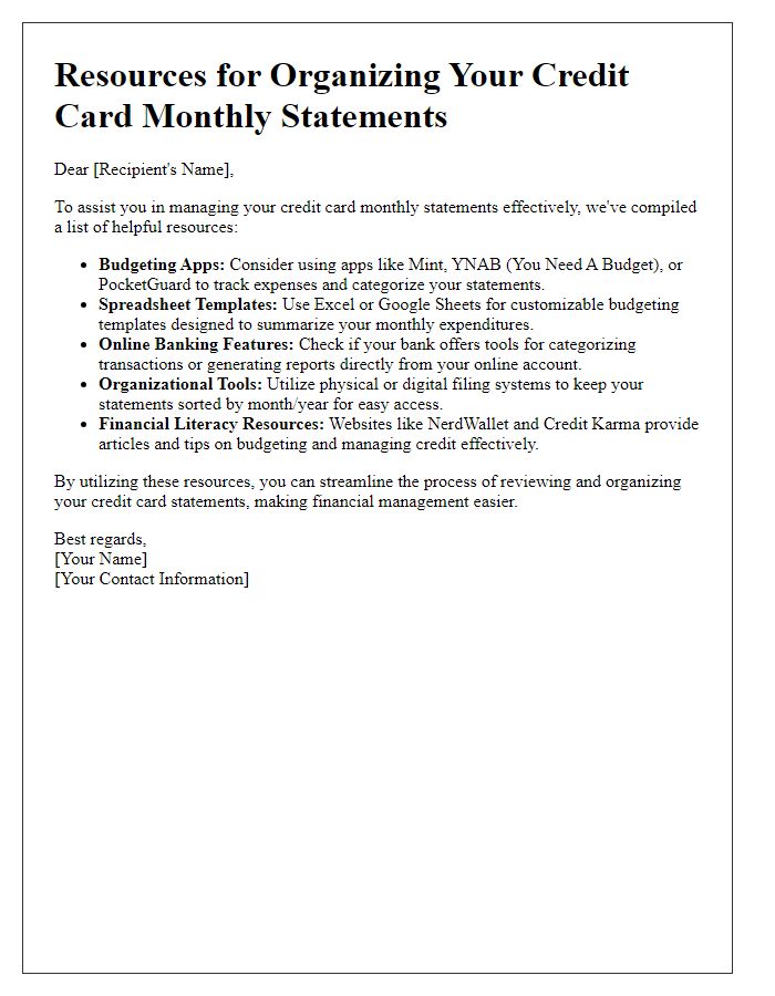 Letter template of resources for organizing credit card monthly statements