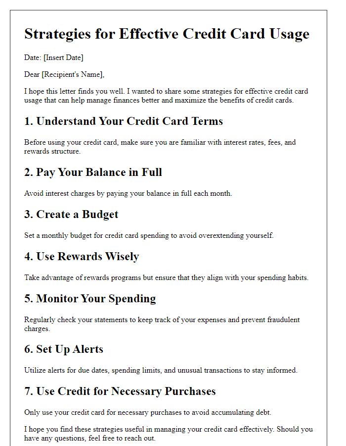 Letter template of strategies for effective credit card usage