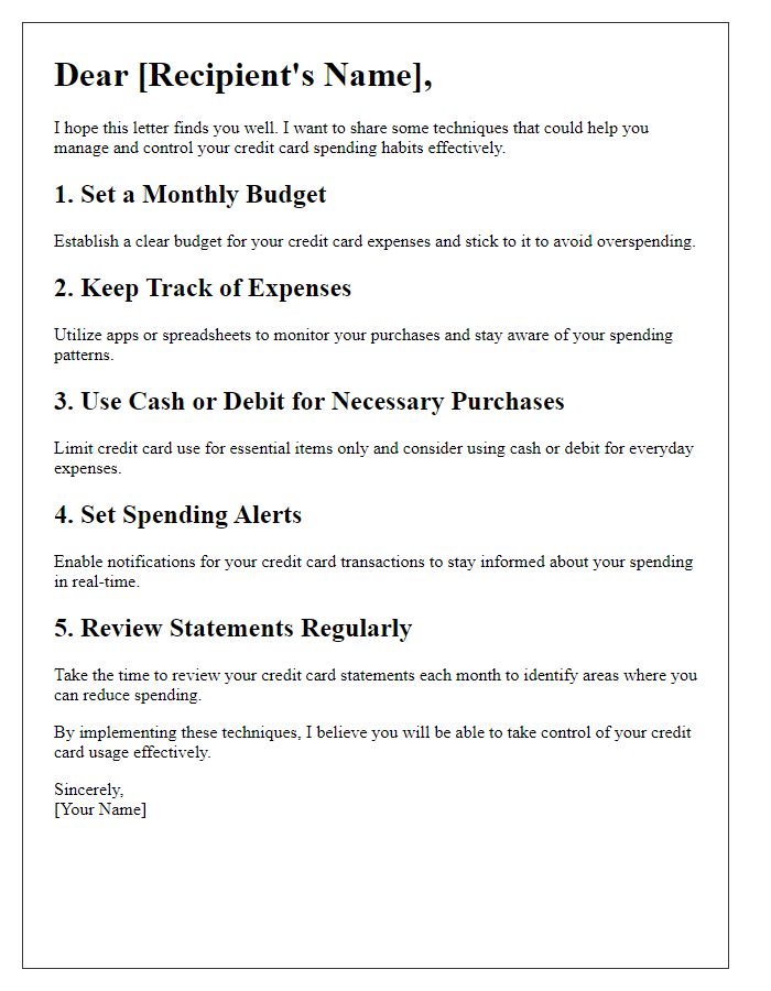 Letter template of techniques for controlling credit card spending habits