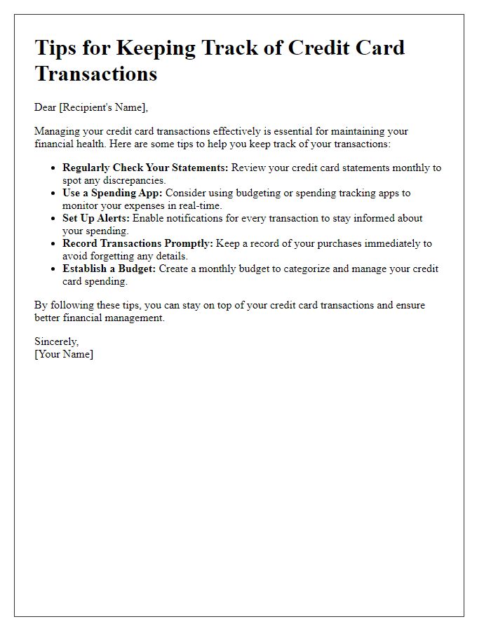 Letter template of tips for keeping track of credit card transactions