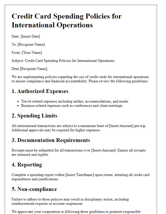 Letter template of credit card spending policies for international operations