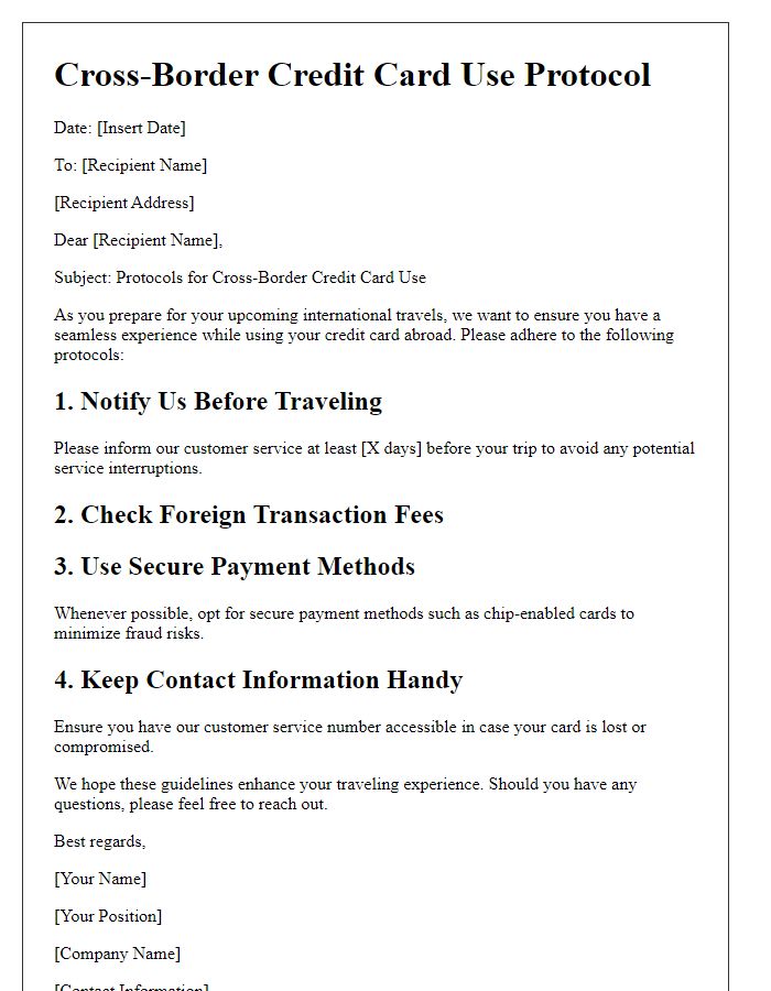 Letter template of cross-border credit card use protocols