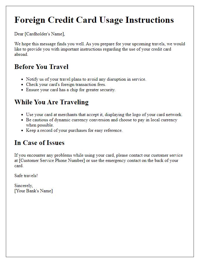 Letter template of foreign credit card usage instructions