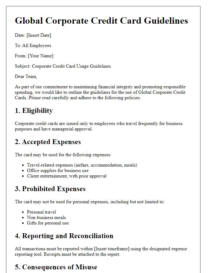 Letter template of global corporate credit card guidelines