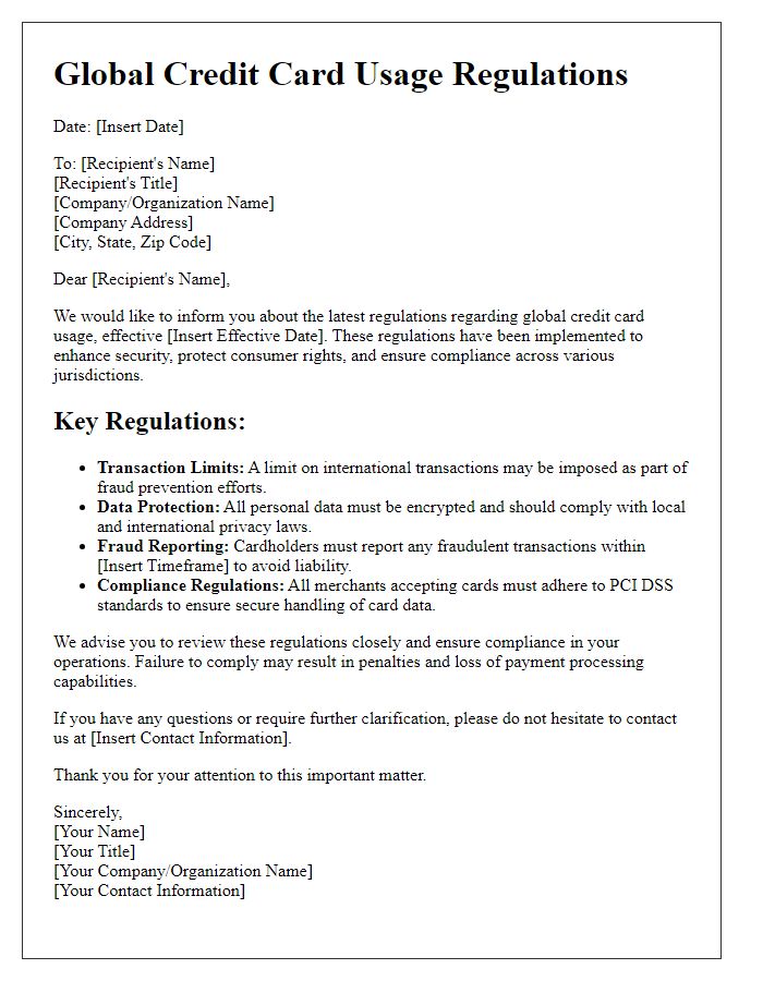 Letter template of global credit card usage regulations