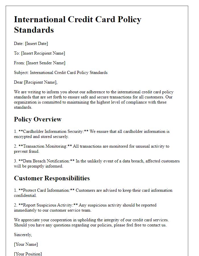 Letter template of international credit card policy standards