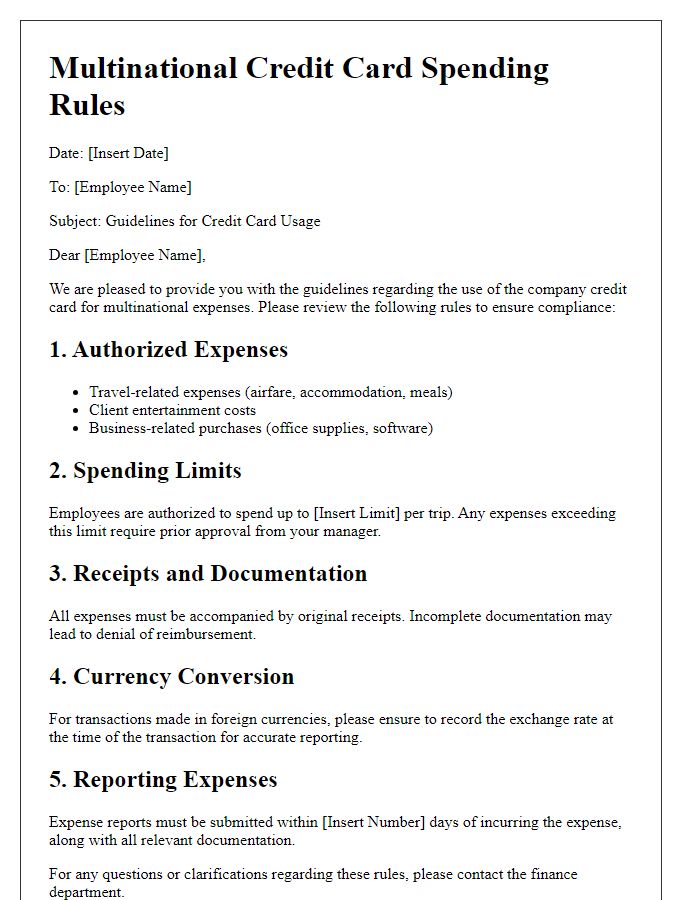 Letter template of multinational credit card spending rules