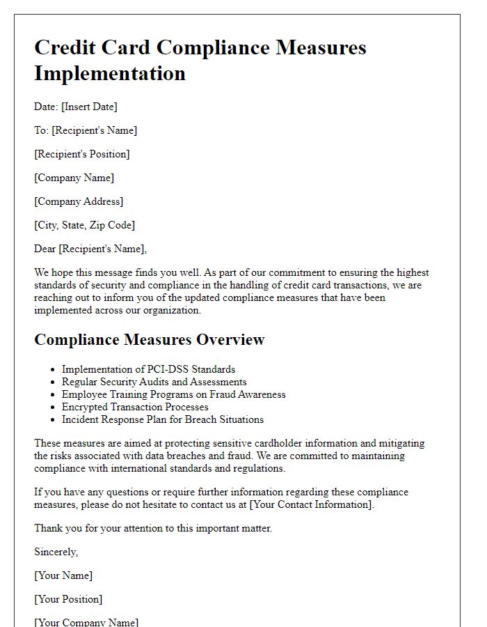 Letter template of worldwide credit card compliance measures