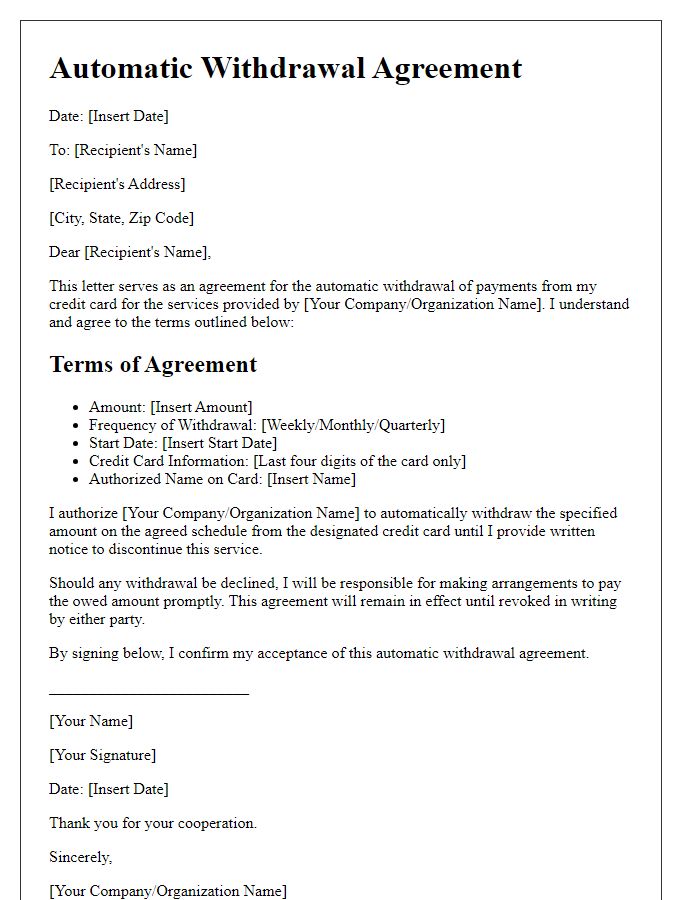 Letter template of agreement for credit card automatic withdrawal setup