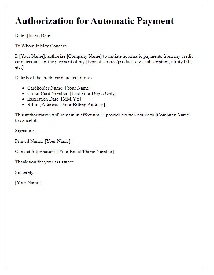 Letter template of authorization for credit card automatic payment setup