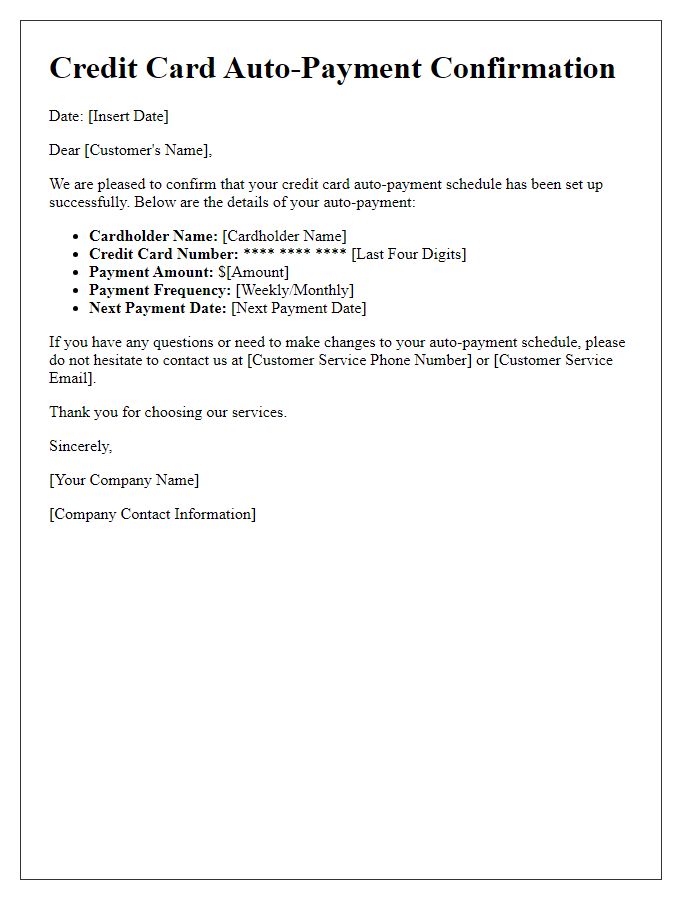 Letter template of confirmation for credit card auto-payment schedule