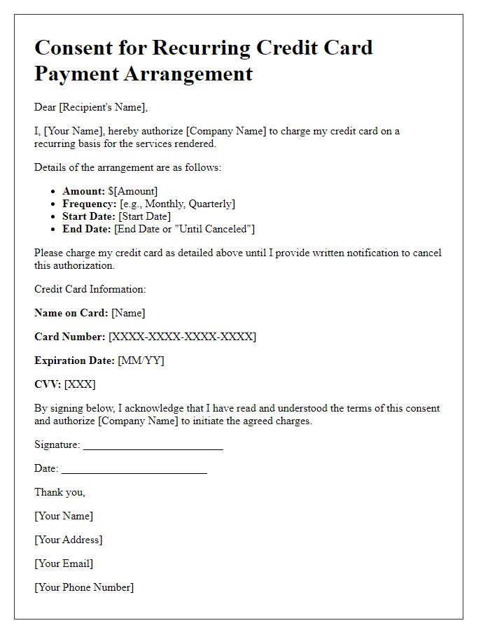 Letter template of consent for recurring credit card payment arrangement