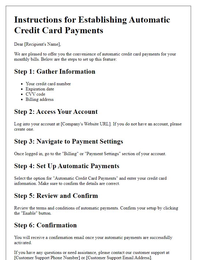 Letter template of instructions for establishing automatic credit card payments